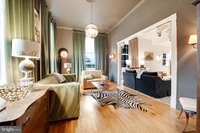  - living room with ornamental molding and wood-type flooring