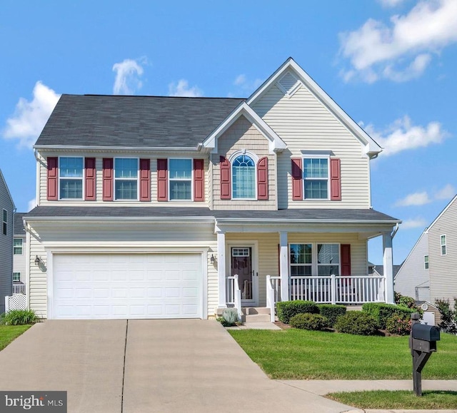5809 Spruce Valley Dr, Fredericksburg, VA 22407 - view of front of house with an attached garage, concrete driveway, a porch, and a front lawn