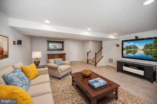 5809 Spruce Valley Dr, Fredericksburg, VA 22407 - living room featuring stairs, light colored carpet, recessed lighting, and baseboards