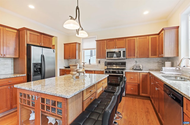 1623 Brandywine Dr, Charlottesville, VA 22901 - kitchen with stainless steel appliances, crown molding, tasteful backsplash, and light wood finished floors