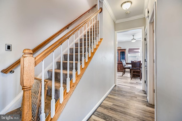 stairway with wood finished floors, a ceiling fan, ornamental molding, and baseboards
