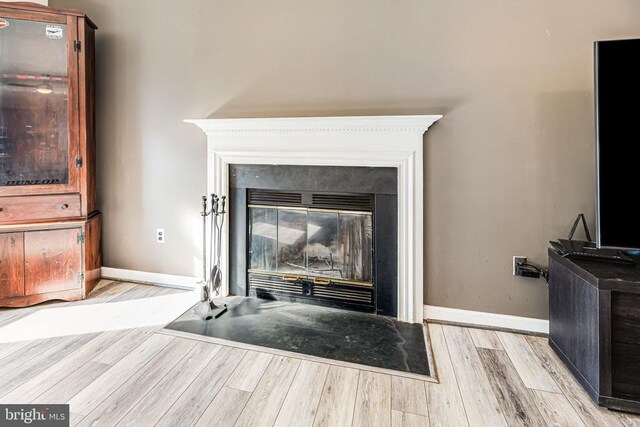 detailed view of baseboards, wood finished floors, and a glass covered fireplace