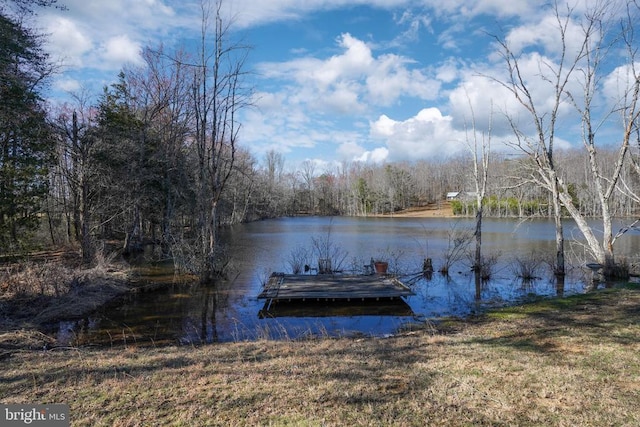 dock area featuring a forest view and a water view