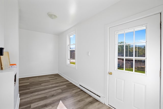 111 S High St, Edinburg, VA 22824 - doorway featuring a wealth of natural light, baseboards, wood finished floors, and baseboard heating