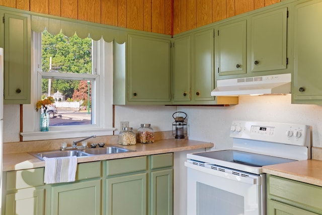 111 S High St, Edinburg, VA 22824 - kitchen featuring under cabinet range hood, green cabinets, a wealth of natural light, white electric stove, and light countertops