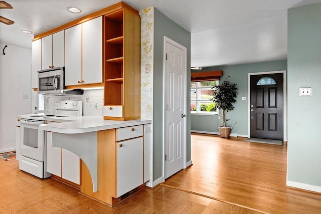 304 Burnley Dr, Staunton, VA 24401 - kitchen featuring electric stove, stainless steel microwave, open shelves, light countertops, and white cabinets