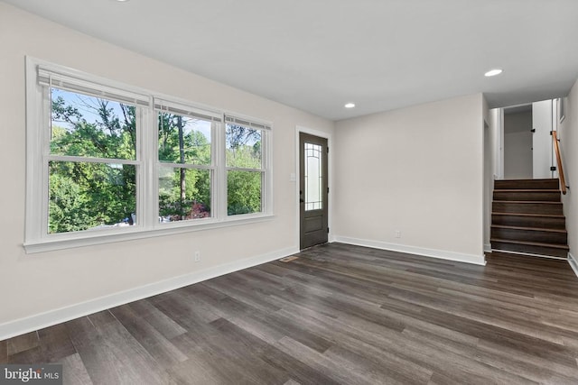 313 Burman Ln, Fredericksburg, VA 22407 - unfurnished room with baseboards, stairway, dark wood-style flooring, and recessed lighting