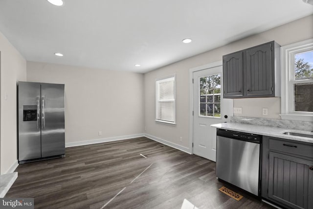 313 Burman Ln, Fredericksburg, VA 22407 - kitchen with stainless steel appliances, gray cabinetry, dark wood-type flooring, baseboards, and recessed lighting