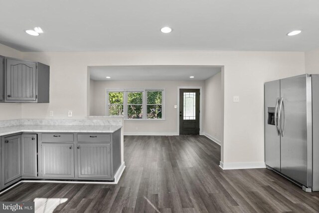 313 Burman Ln, Fredericksburg, VA 22407 - kitchen with stainless steel fridge with ice dispenser, gray cabinets, dark wood finished floors, light countertops, and recessed lighting