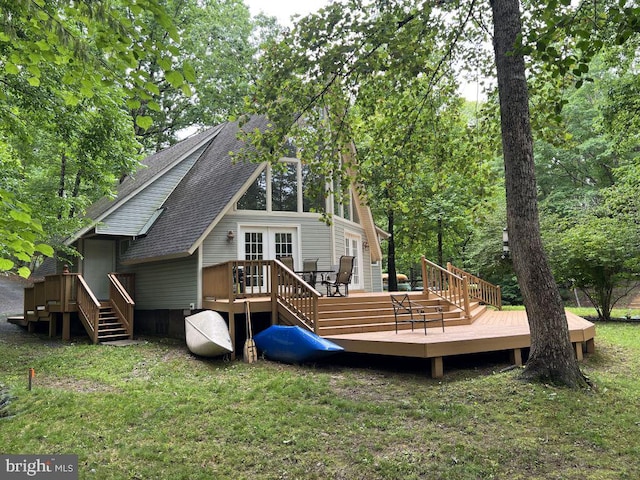 902 Eastover Pkwy, Locust Grove, VA 22508 - rear view of house with a shingled roof, a wooden deck, and a yard