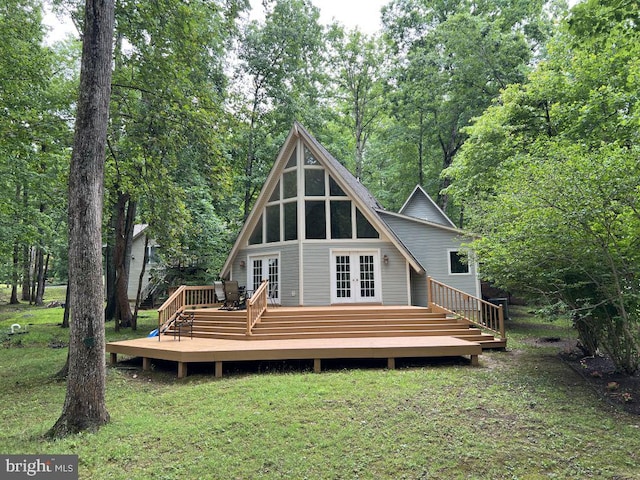902 Eastover Pkwy, Locust Grove, VA 22508 - rear view of house with french doors, a wooden deck, and a lawn