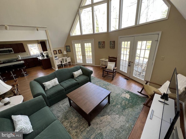 902 Eastover Pkwy, Locust Grove, VA 22508 - living room with french doors, high vaulted ceiling, and wood finished floors