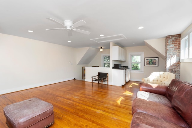 675 Beverley St E, Staunton, VA 24401 - living room featuring light wood-type flooring, a ceiling fan, baseboards, attic access, and recessed lighting