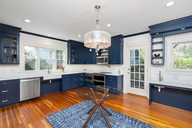 675 Beverley St E, Staunton, VA 24401 - kitchen with stainless steel appliances, a sink, wood finished floors, blue cabinetry, and crown molding