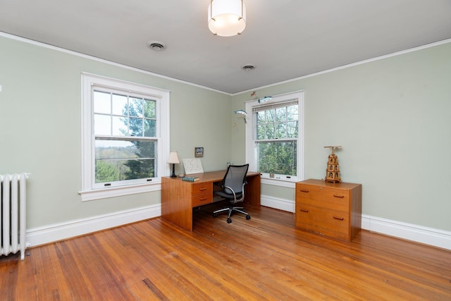 675 Beverley St E, Staunton, VA 24401 - office with radiator, ornamental molding, wood finished floors, and baseboards