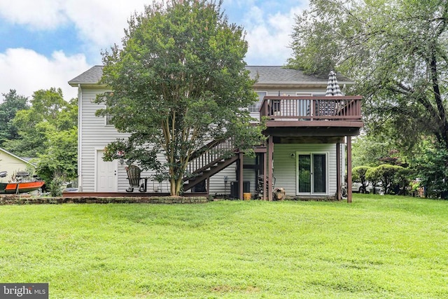 10708 Live Oak Ct, Fredericksburg, VA 22407 - back of house with a wooden deck, a yard, stairway, and roof with shingles