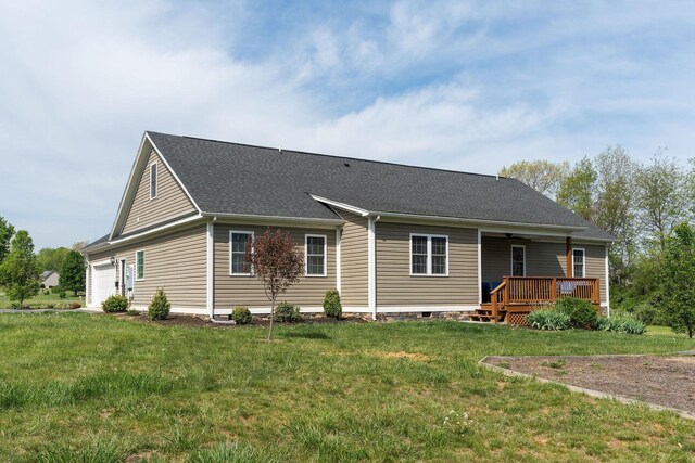 82 Willow Ln, Waynesboro, VA 22980 - rear view of property featuring a yard, a garage, a wooden deck, roof with shingles, and a ceiling fan