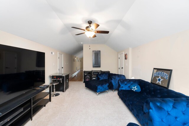 82 Willow Ln, Waynesboro, VA 22980 - living room featuring carpet flooring, lofted ceiling, and a ceiling fan