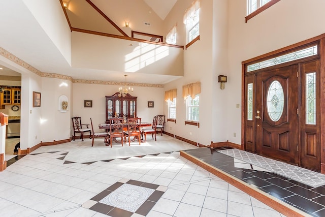 2226 Lanier Ln, Mcgaheysville, VA 22840 - entryway with light tile patterned flooring, a high ceiling, and a chandelier