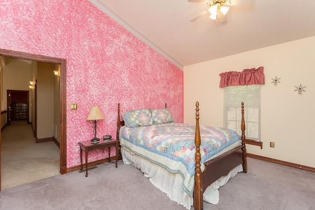 2226 Lanier Ln, Mcgaheysville, VA 22840 - carpeted bedroom featuring ceiling fan, wallpapered walls, and vaulted ceiling