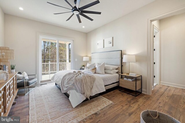 7039 Silk, Jeffersonton, VA 22724 - bedroom with access to exterior, dark wood-style floors, recessed lighting, baseboards, and a ceiling fan