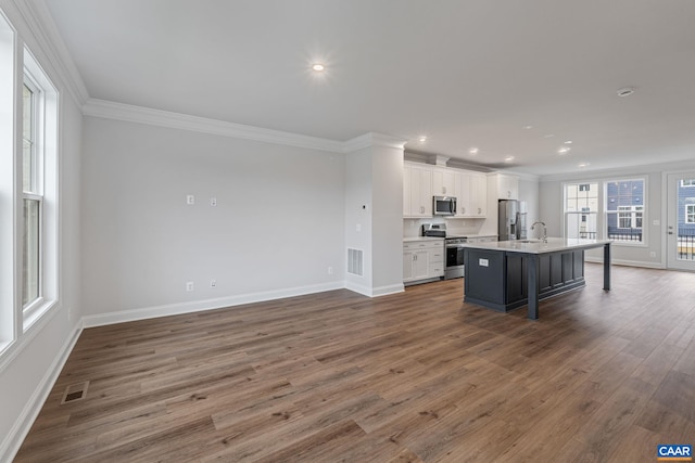 kitchen featuring ornamental molding, stainless steel appliances, and visible vents