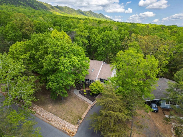 view of subject property with a heavily wooded area