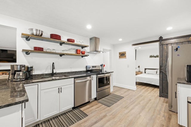 kitchen featuring appliances with stainless steel finishes, range hood, a sink, a barn door, and light wood-type flooring