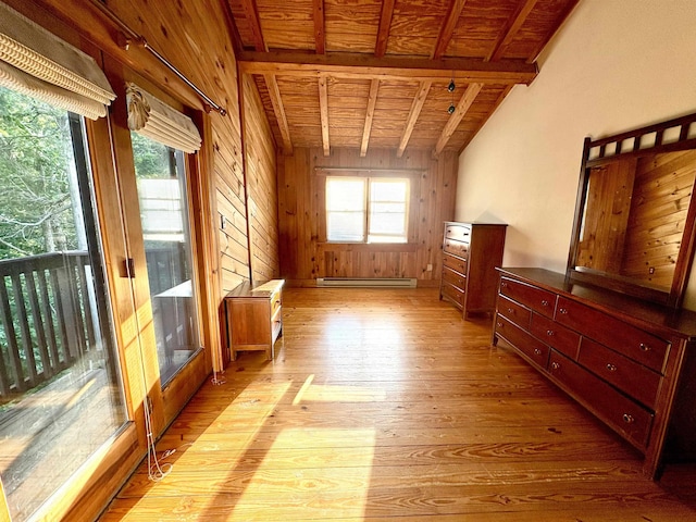 79 River Ridge Rd, Verona, VA 24482 - unfurnished bedroom with wooden ceiling, light wood-style floors, wood walls, and a baseboard heating unit