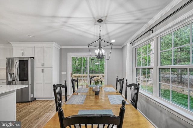 343 Aspen Hill Rd, Mineral, VA 23117 - dining area featuring healthy amount of natural light, ornamental molding, a chandelier, light wood finished floors, and recessed lighting