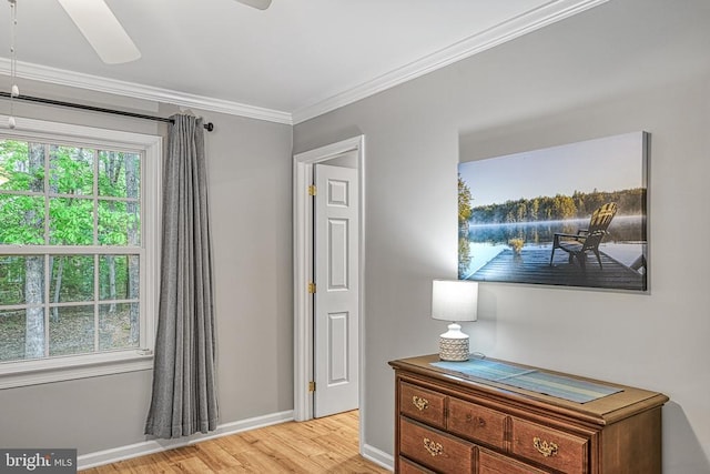 343 Aspen Hill Rd, Mineral, VA 23117 - bedroom featuring light wood-type flooring, ornamental molding, baseboards, and ceiling fan