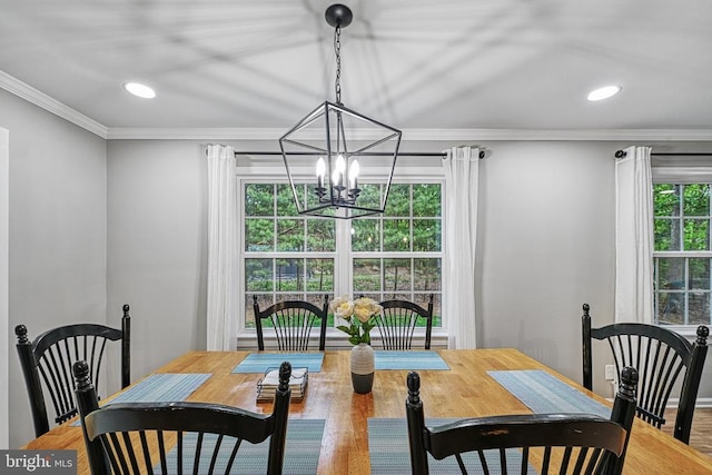 343 Aspen Hill Rd, Mineral, VA 23117 - dining space with a chandelier, wood finished floors, ornamental molding, and recessed lighting
