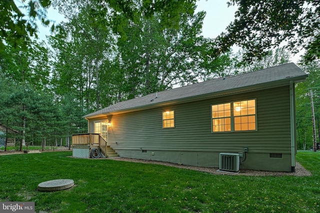343 Aspen Hill Rd, Mineral, VA 23117 - back of house featuring crawl space, central AC unit, a yard, and a deck