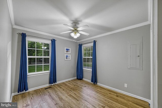 343 Aspen Hill Rd, Mineral, VA 23117 - empty room featuring ornamental molding, ceiling fan, wood finished floors, baseboards, and electric panel