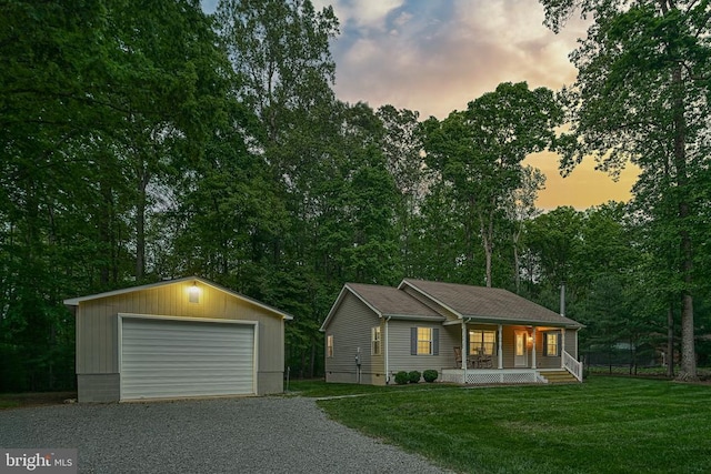343 Aspen Hill Rd, Mineral, VA 23117 - single story home featuring covered porch, an outdoor structure, a yard, a detached garage, and driveway