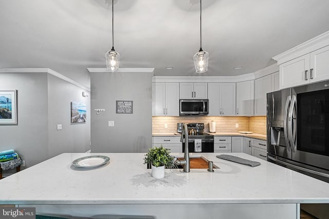 343 Aspen Hill Rd, Mineral, VA 23117 - kitchen with appliances with stainless steel finishes, decorative backsplash, decorative light fixtures, light stone countertops, and ornamental molding