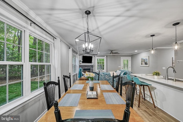 343 Aspen Hill Rd, Mineral, VA 23117 - dining area with ceiling fan, light wood-style flooring, ornamental molding, a stone fireplace, and recessed lighting
