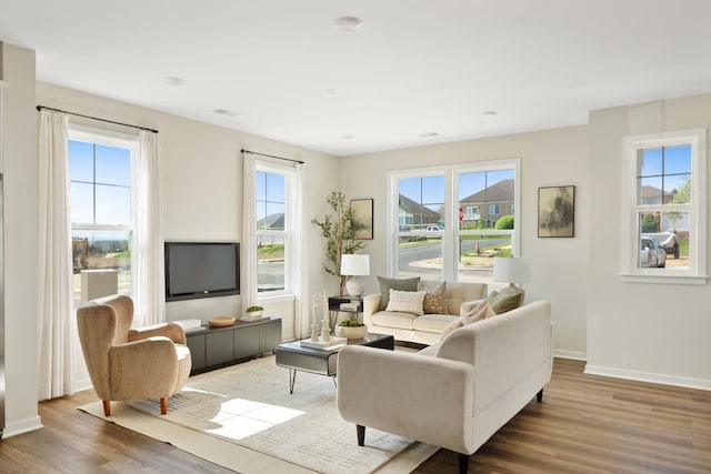 living area featuring baseboards and wood finished floors
