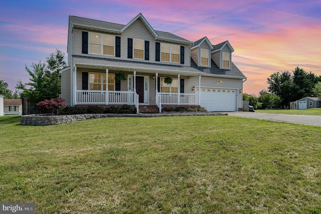 7504 Heathrow Dr, Fredericksburg, VA 22407 - view of front of property featuring asphalt driveway, a porch, a front lawn, an attached garage, and roof with shingles