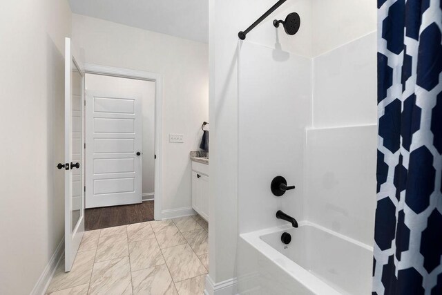 1019 Frye St, Waynesboro, VA 22980 - bathroom featuring marble finish floors, shower / bathtub combination with curtain, and vanity