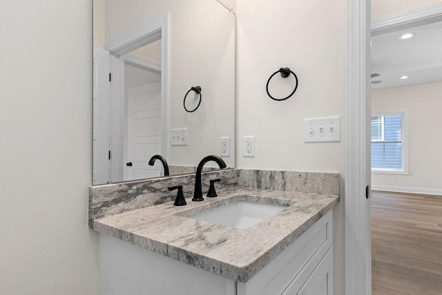 1019 Frye St, Waynesboro, VA 22980 - bathroom with vanity, wood finished floors, and recessed lighting