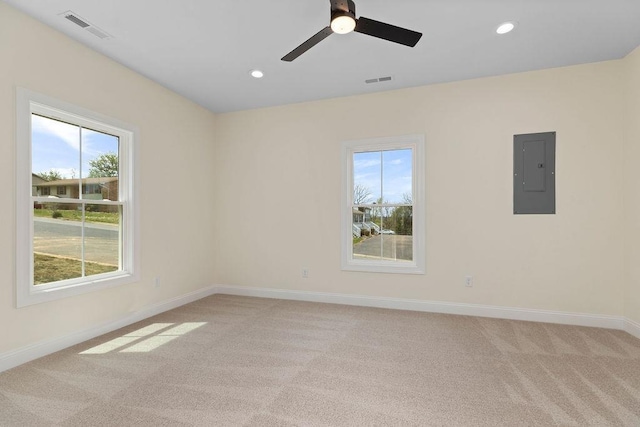 1019 Frye St, Waynesboro, VA 22980 - spare room featuring electric panel, light colored carpet, recessed lighting, and a ceiling fan