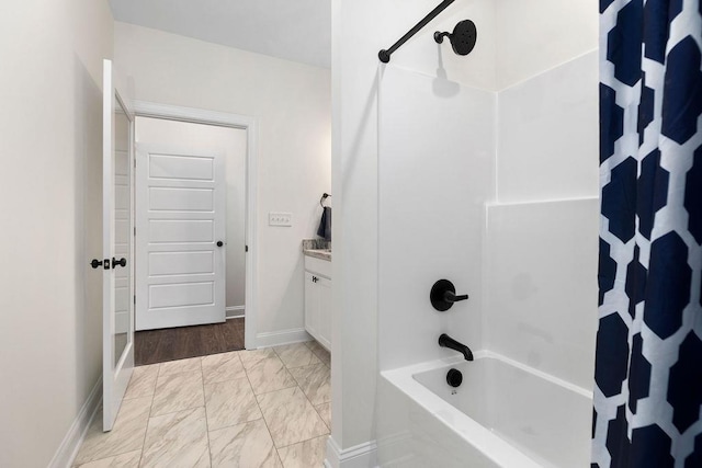 1019 Frye St, Waynesboro, VA 22980 - bathroom featuring marble finish floors, shower / bathtub combination with curtain, and vanity