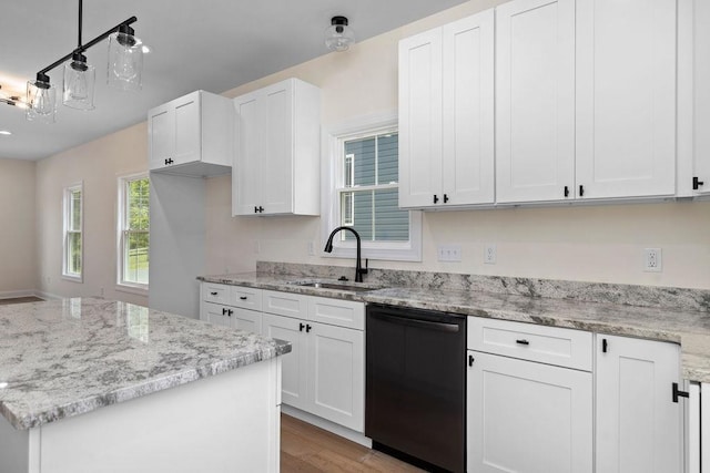 1019 Frye St, Waynesboro, VA 22980 - kitchen featuring dishwasher, white cabinetry, wood finished floors, and light stone countertops
