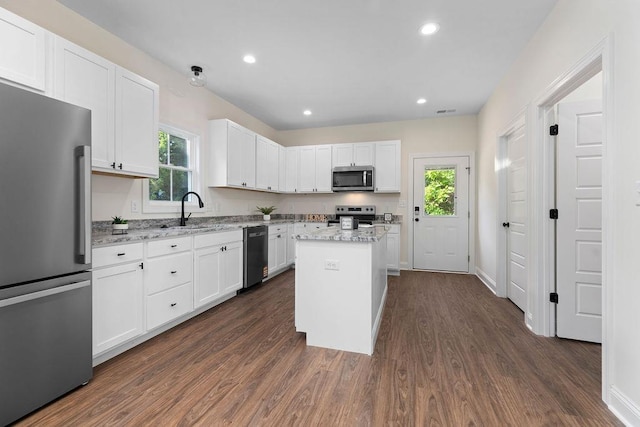 1019 Frye St, Waynesboro, VA 22980 - kitchen featuring stainless steel appliances, dark wood-style flooring, healthy amount of natural light, white cabinetry, and recessed lighting