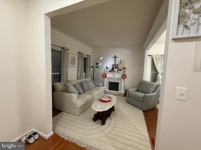 living area with wood finished floors, a fireplace, and baseboards