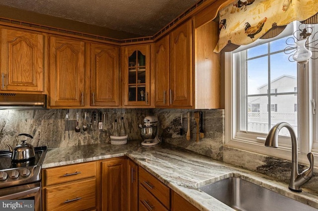 1066 Honeyville Rd, Stanley, VA 22851 - kitchen with a sink, electric stove, brown cabinets, under cabinet range hood, and decorative backsplash