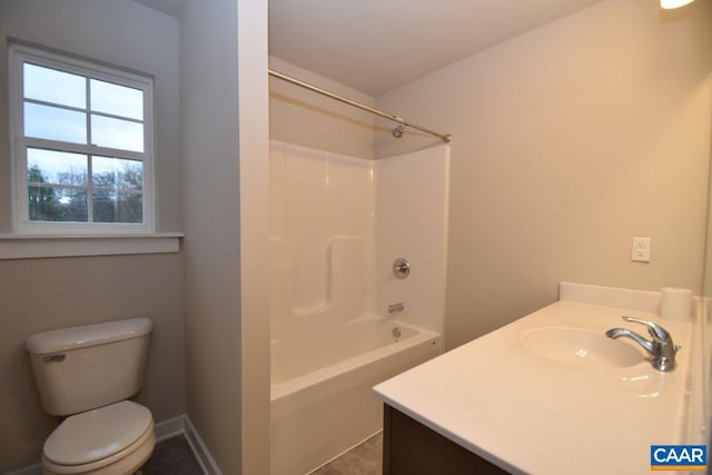full bath with toilet, shower / bathing tub combination, and vanity