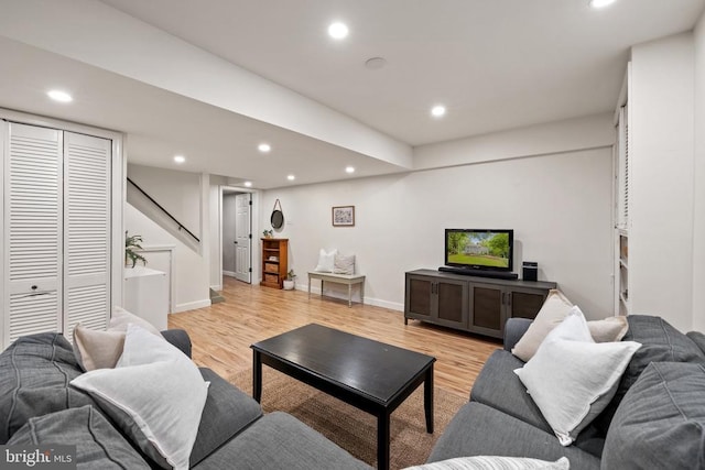  - living room with stairway, recessed lighting, light wood finished floors, and baseboards