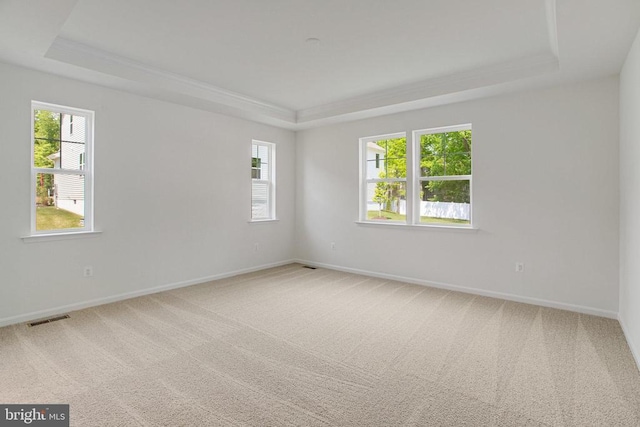 empty room with a raised ceiling, a healthy amount of sunlight, and visible vents